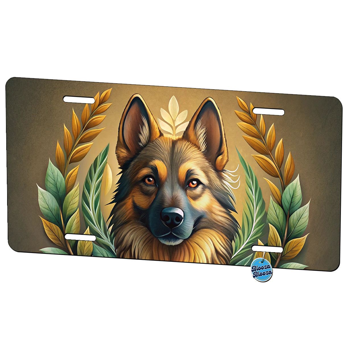 Stylized German Shepherd Illustration Leaf Design Metal Vanity Novelty Tag License Plate for Trucks Cars SUVs