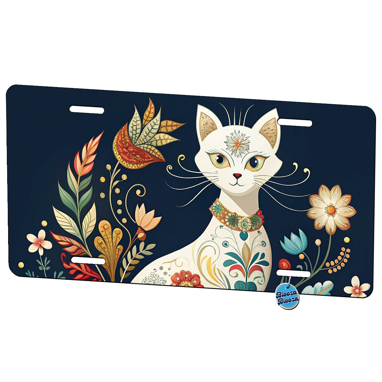 Stylized White Cat Floral Design Metal Vanity Novelty Tag License Plate for Trucks Cars SUVs