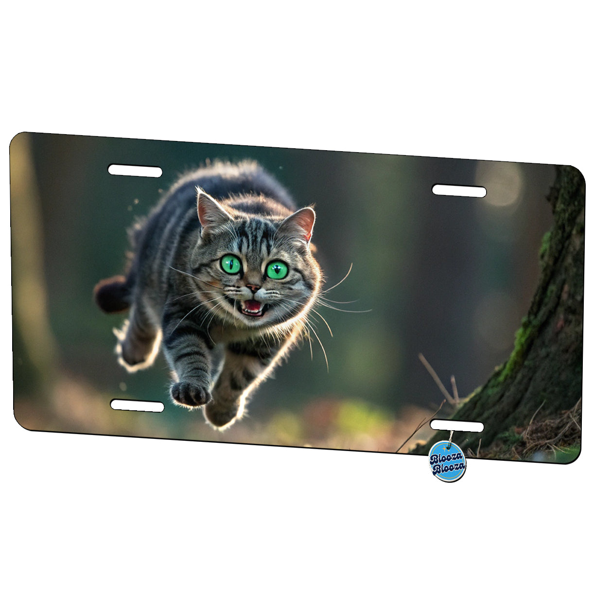 Cat Leaping Green Eyes Funny Metal Vanity Novelty Tag License Plate for Trucks Cars SUVs