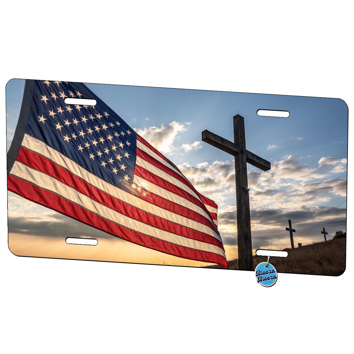 Cross Over American Flag USA United States Religious Metal Vanity Novelty Tag License Plate for Trucks Cars SUVs