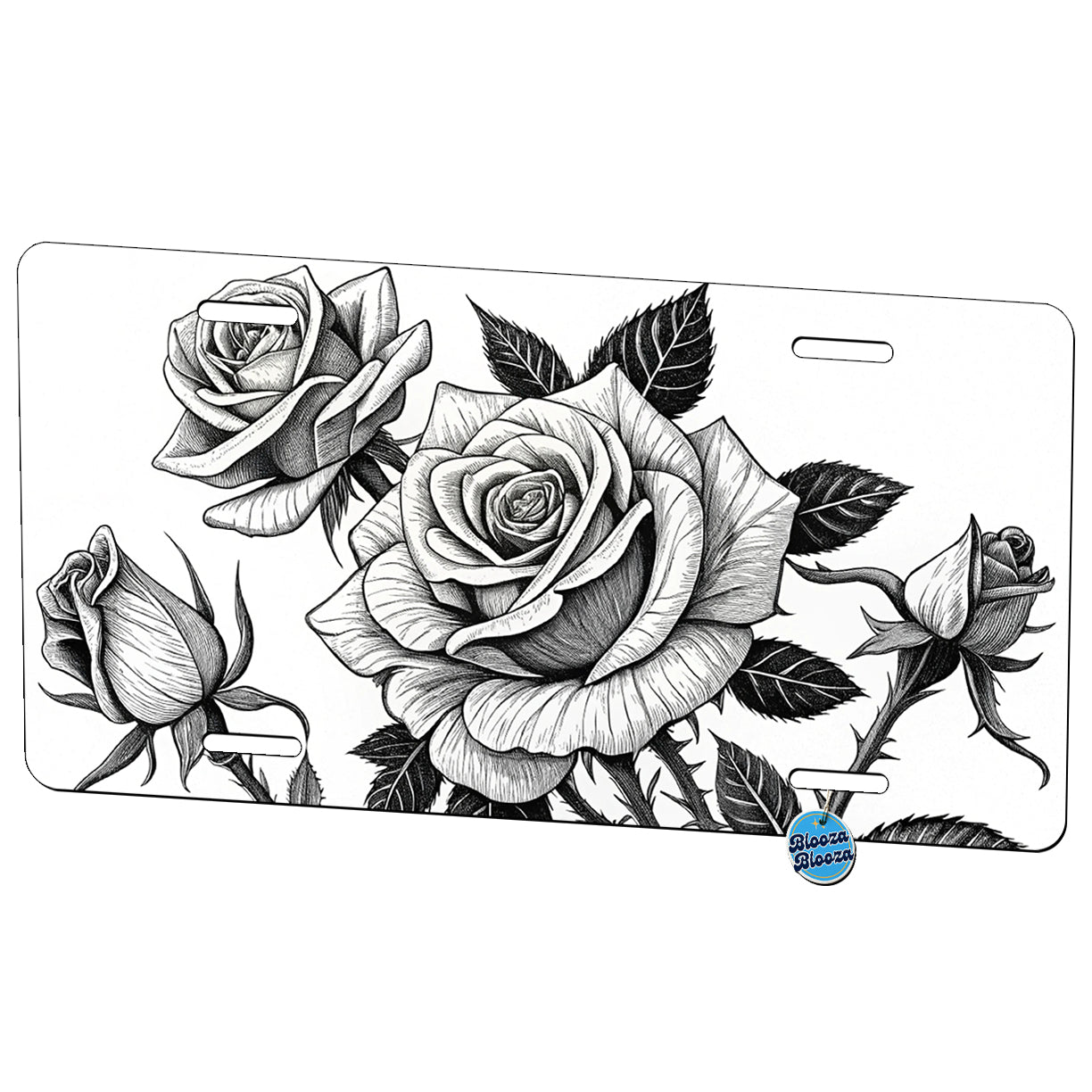 Black White Roses Metal Vanity Novelty Tag License Plate for Trucks Cars SUVs