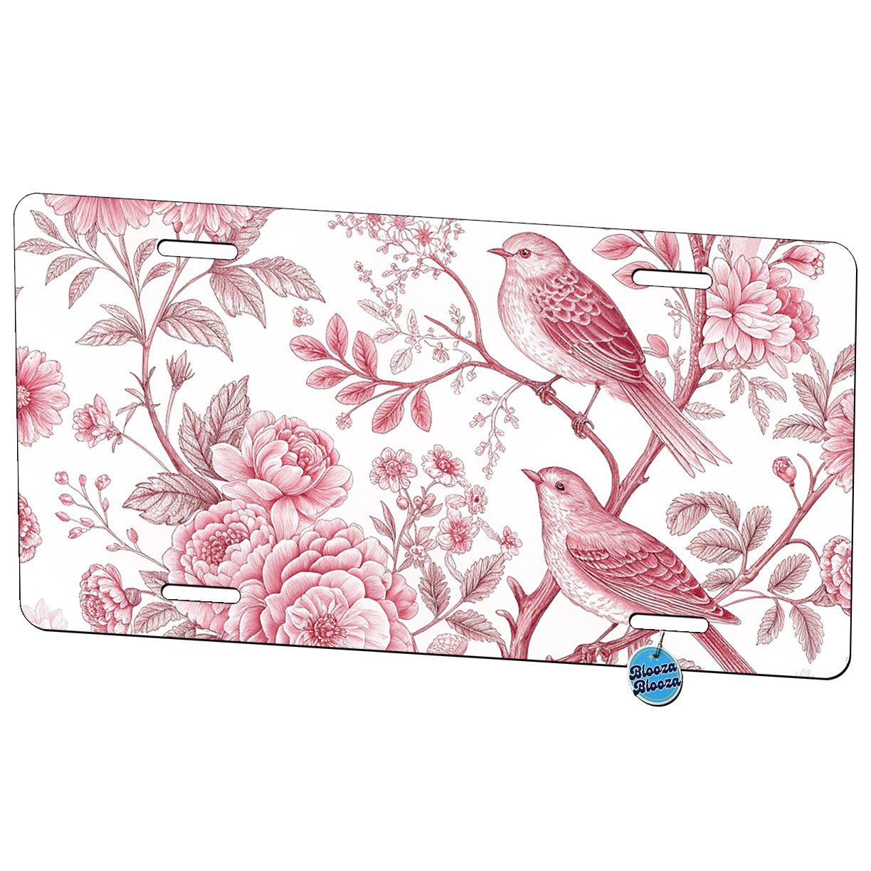 Pink On White Toile With Birds Metal Vanity Novelty Tag License Plate for Trucks Cars SUVs