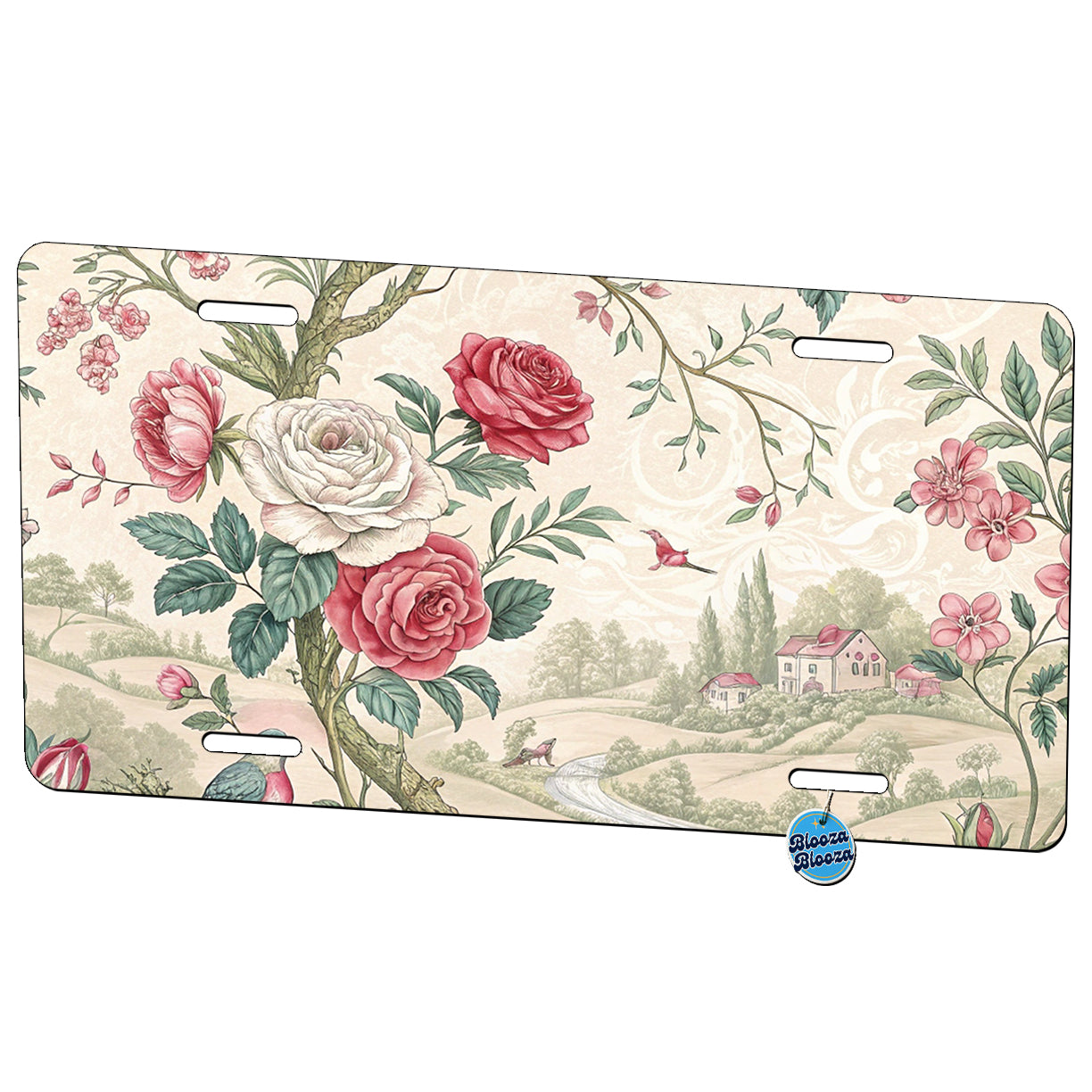 Toile Pattern Flowers Birds Metal Vanity Novelty Tag License Plate for Trucks Cars SUVs