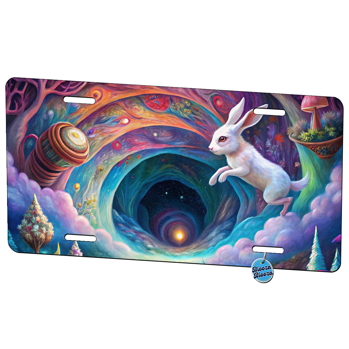Psychedelic Wonderland White Rabbit Going Down The Hole Metal Vanity Novelty Tag License Plate for Trucks Cars SUVs