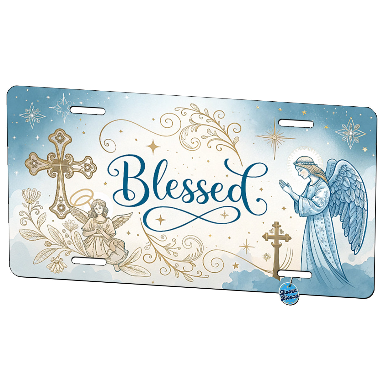 Blessed Religious Angel Blue White Metal Vanity Novelty Tag License Plate for Trucks Cars SUVs