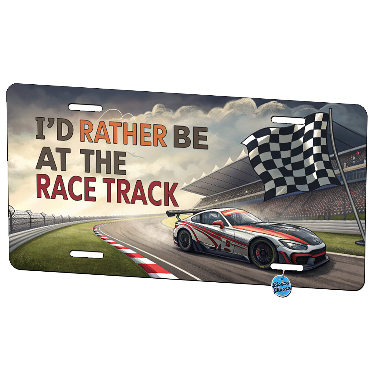 I'd Rather Be At The Race Track Checkered Flag Metal Vanity Novelty Tag License Plate for Trucks Cars SUVs