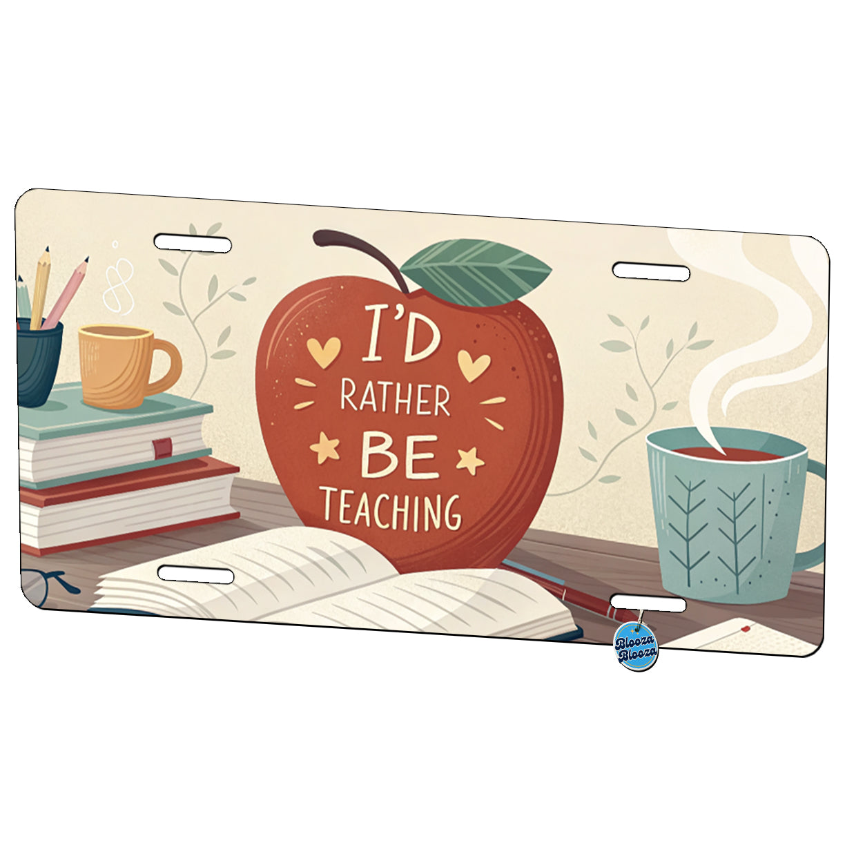 I'd Rather Be Teaching Apple Books Desk Metal Vanity Novelty Tag License Plate for Trucks Cars SUVs