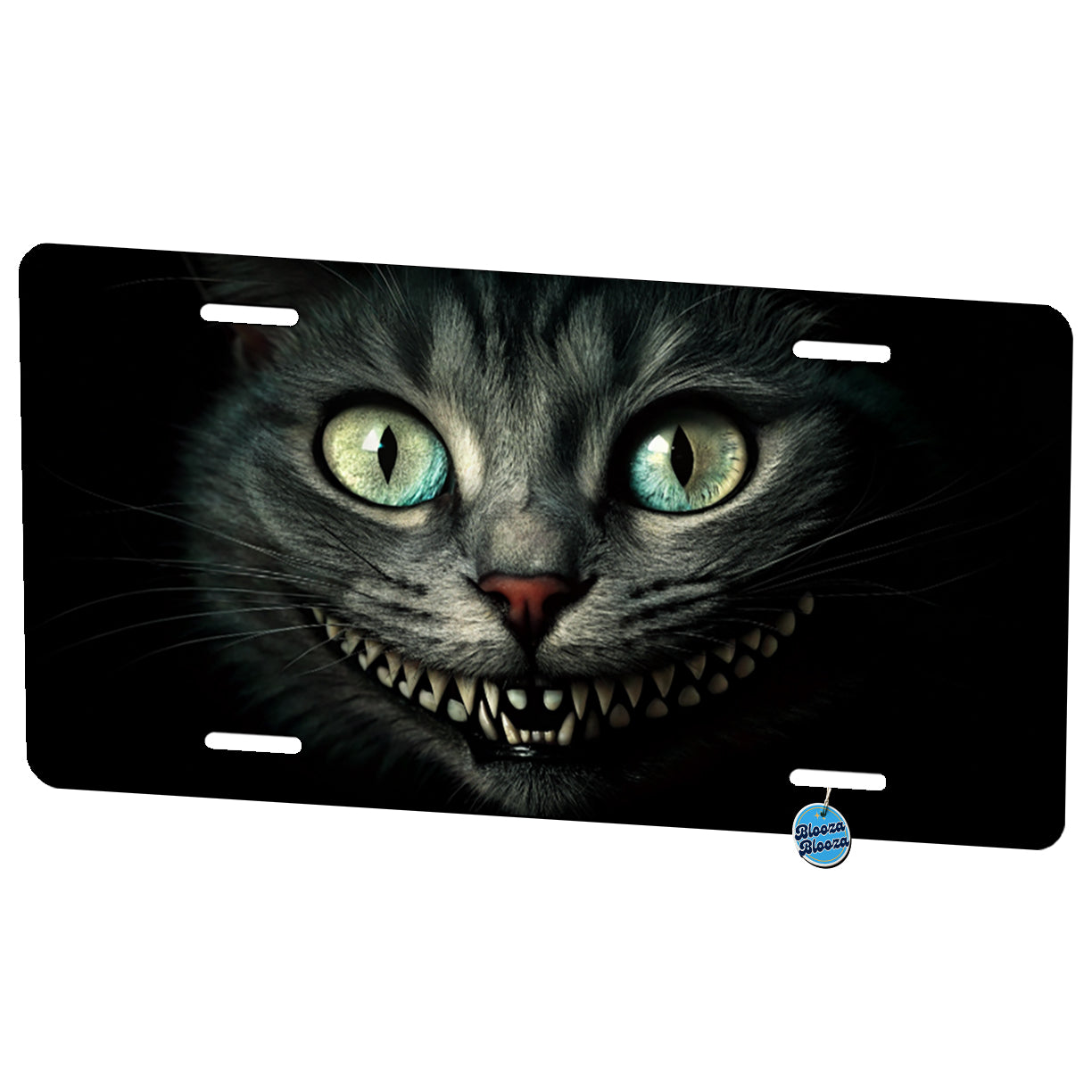 Mischievous Cheshire Cat Grin on Black Metal Vanity Novelty Tag License Plate for Trucks Cars SUVs