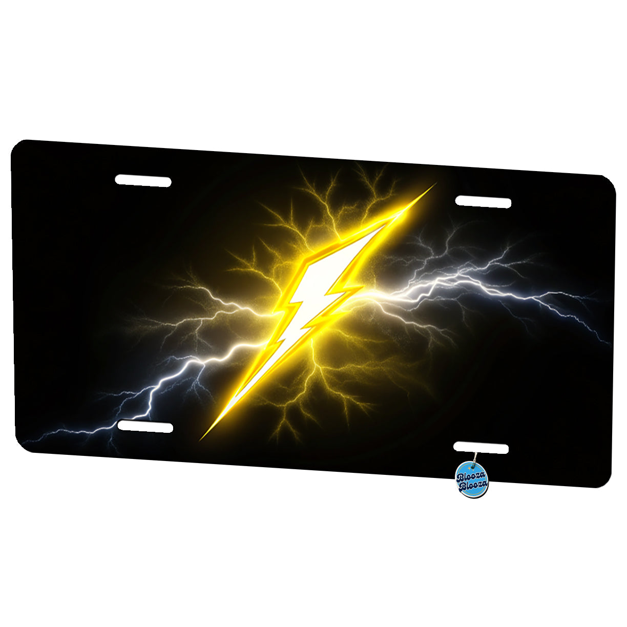 Yellow and White Lightning Bolt On Black Metal Vanity Novelty Tag License Plate for Trucks Cars SUVs