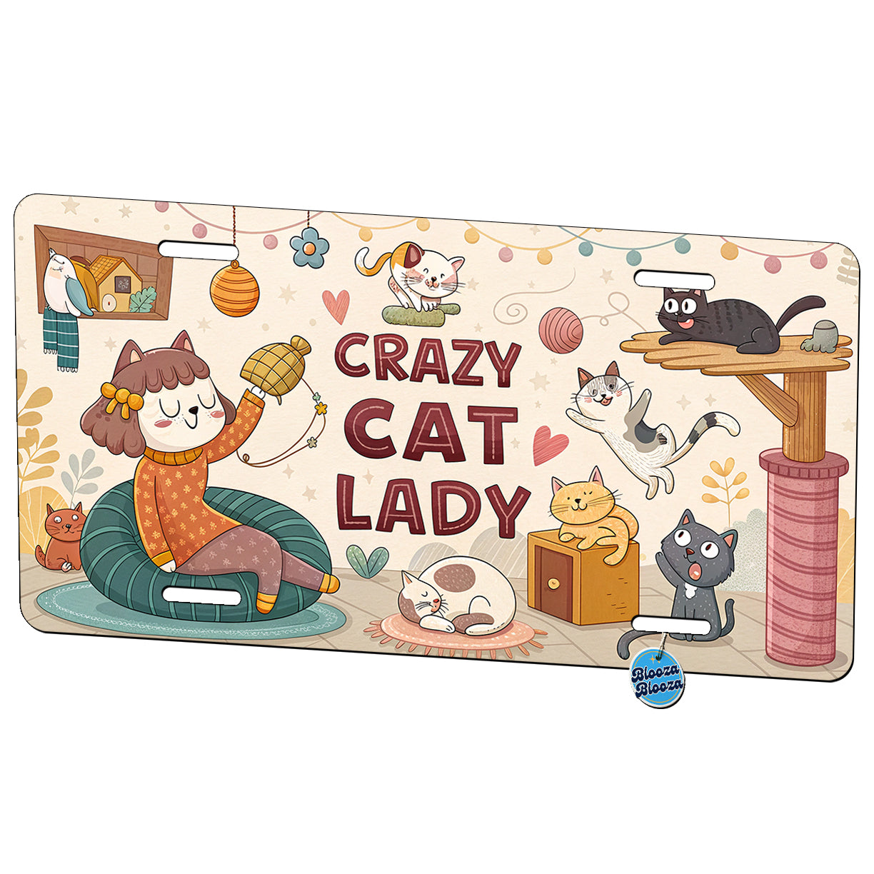 Crazy Cat Lady Funny Cartoon Metal Vanity Novelty Tag License Plate for Trucks Cars SUVs