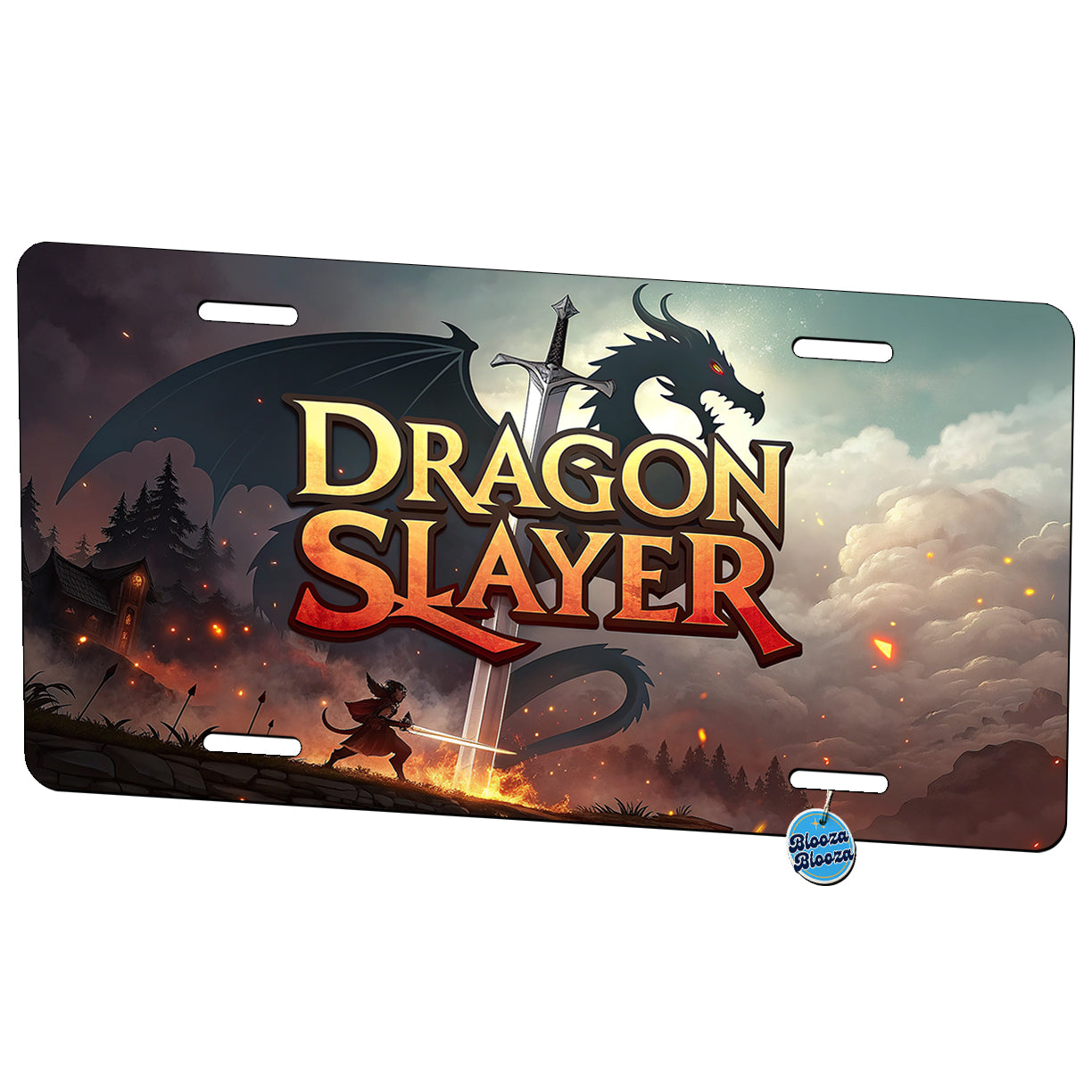 Fantasy Knight Dragon Slayer Illustration Metal Vanity Novelty Tag License Plate for Trucks Cars SUVs