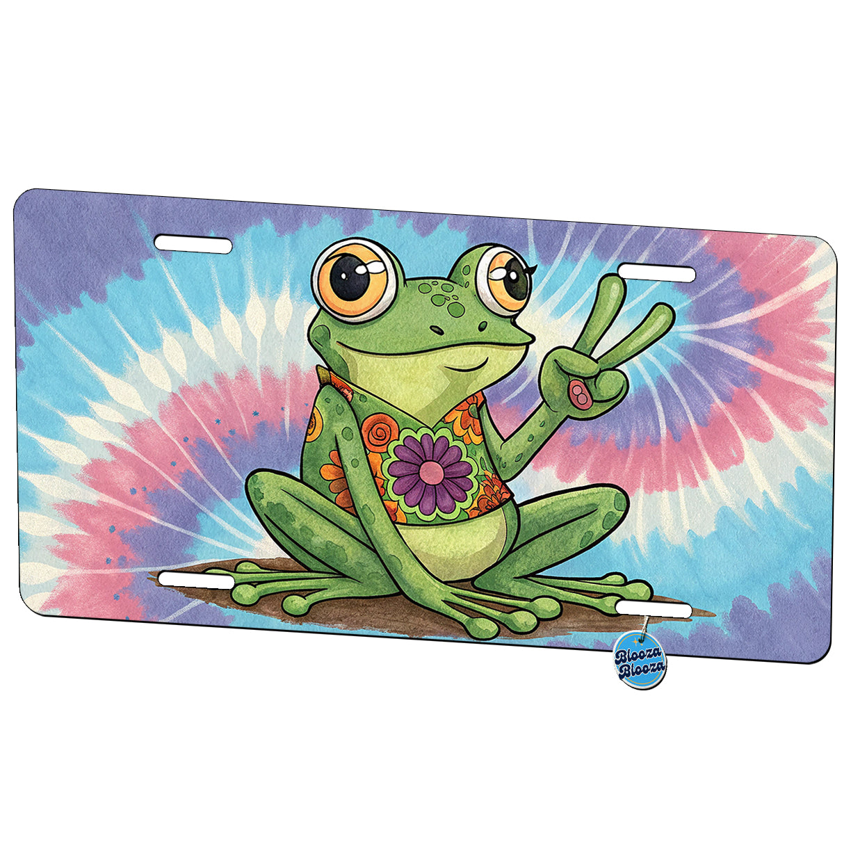 Frog Giving Peace Sign Tie-Dye Cartoon Metal Vanity Novelty Tag License Plate for Trucks Cars SUVs