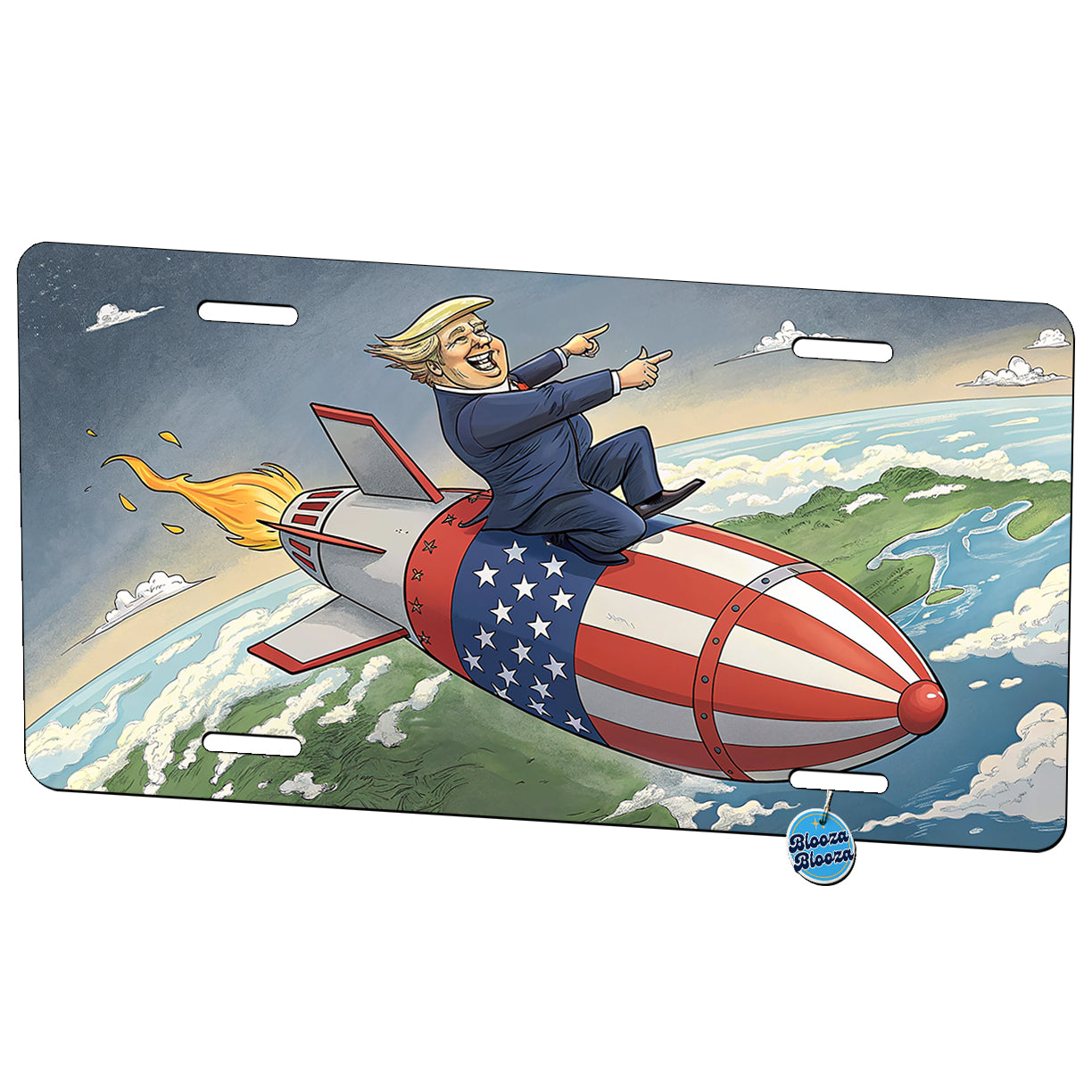 Funny Donald Trump Riding American Flag Missile Metal Vanity Novelty Tag License Plate for Trucks Cars SUVs