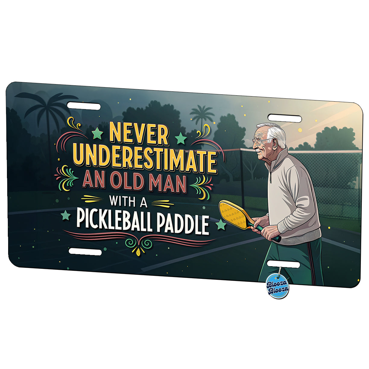 Never Underestimate An Old Man With A Pickleball Paddle Funny Metal Vanity Novelty Tag License Plate for Trucks Cars SUVs