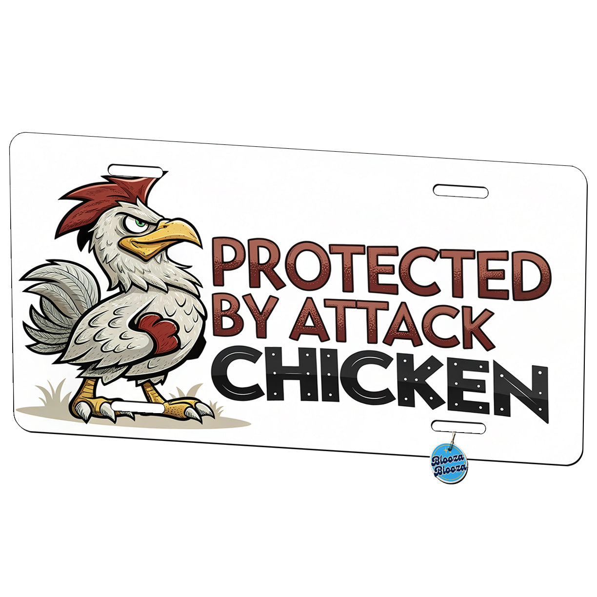 Protected By Attack Chicken Funny Metal Vanity Novelty Tag License Plate for Trucks Cars SUVs