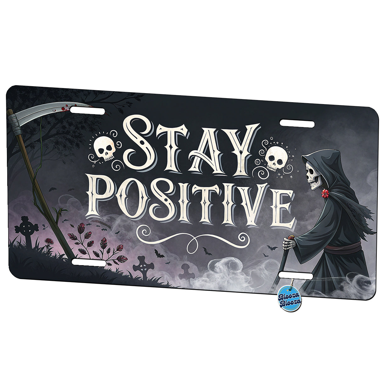 Stay Positive Funny Grim Reaper Death Cartoon Metal Vanity Novelty Tag License Plate for Trucks Cars SUVs