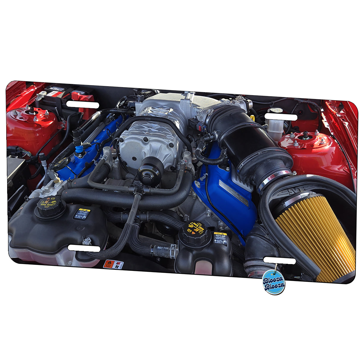 Supercharged V8 Engine Red Sports Muscle Car Metal Vanity Novelty Tag License Plate for Trucks Cars SUVs