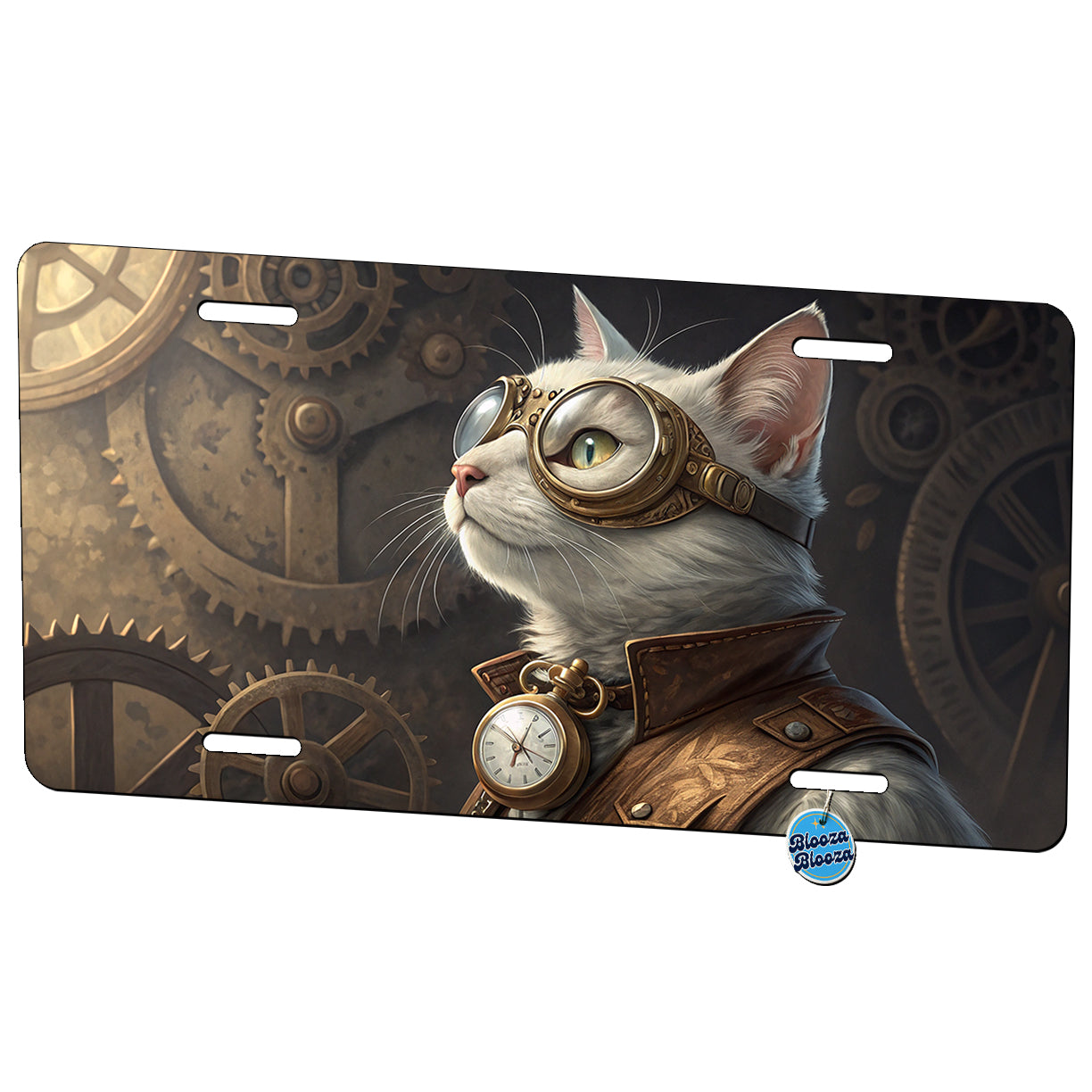 White Cat Steampunk Metal Vanity Novelty Tag License Plate for Trucks Cars SUVs