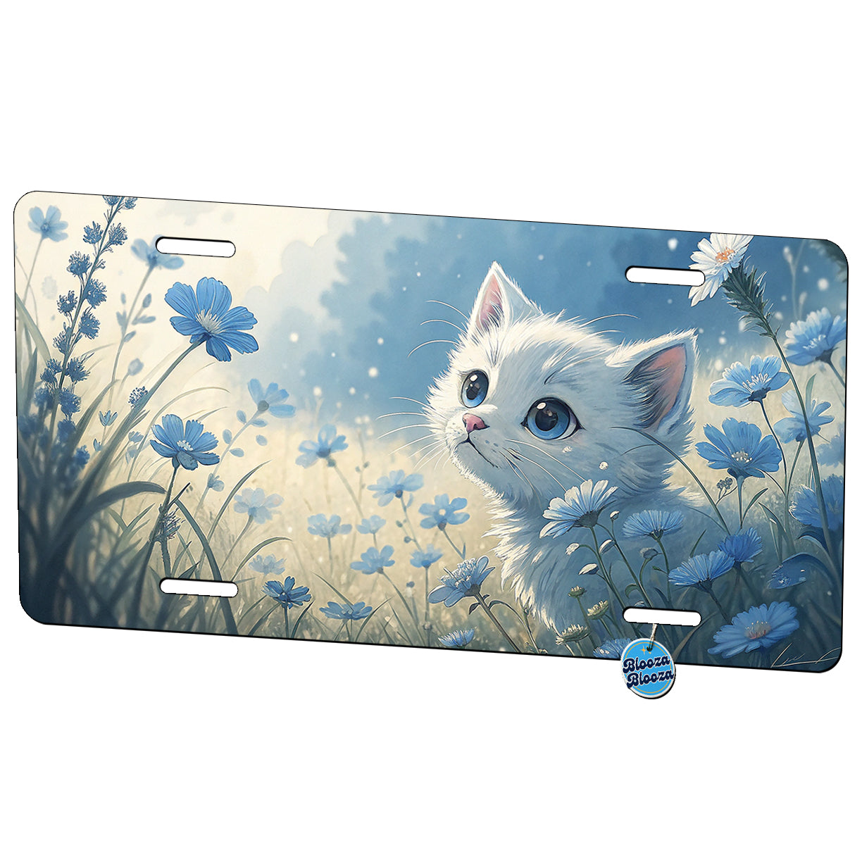 White Kitten in Field Of Blue Flowers Anime Style Metal Vanity Novelty Tag License Plate for Trucks Cars SUVs