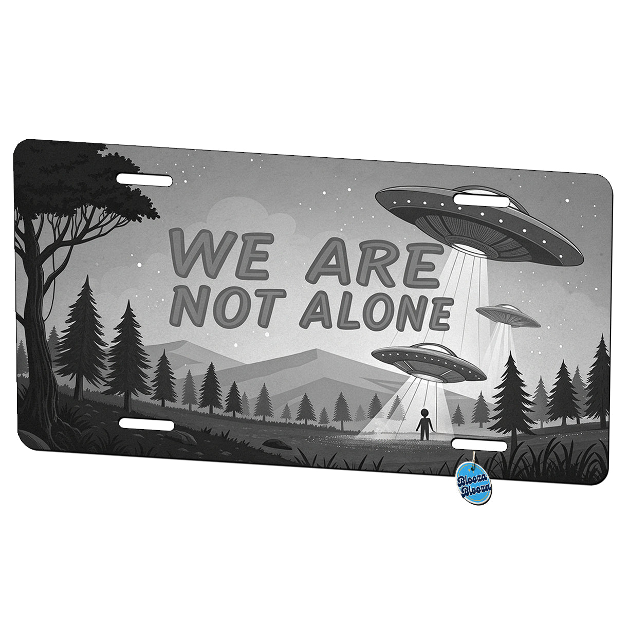 We Are Not Alone Funny Retro UFO Black And White Metal Vanity Novelty Tag License Plate for Trucks Cars SUVs