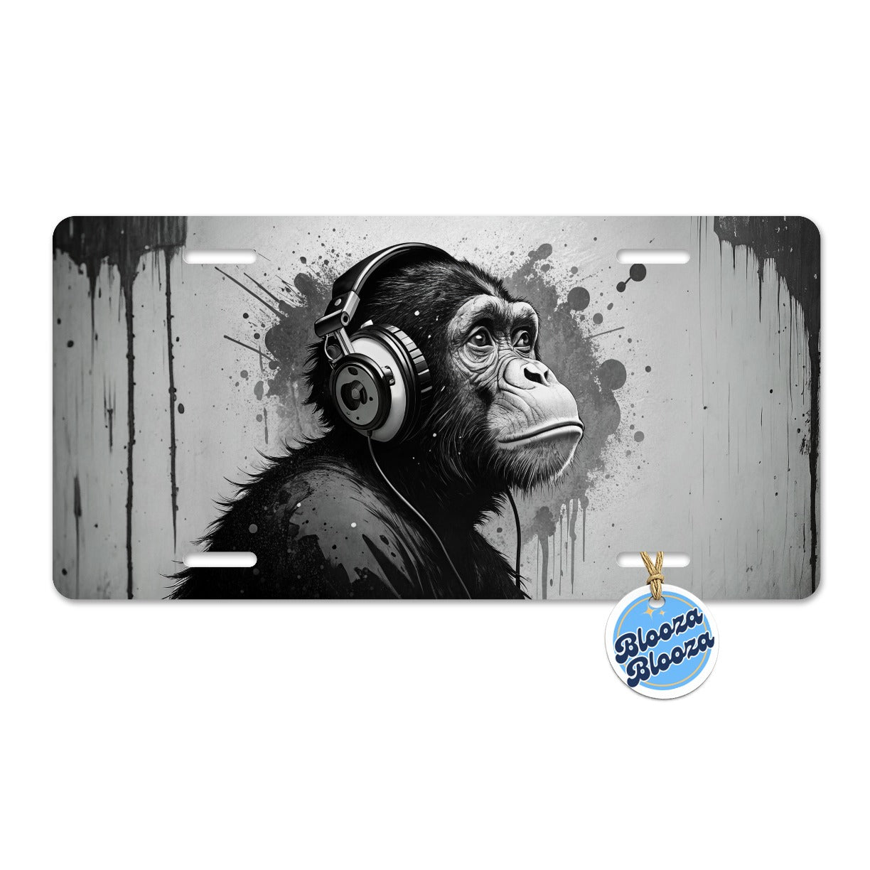 Artsy B&W Monkey with Headphones Metal Vanity Novelty Tag License Plate for Trucks Cars SUVs