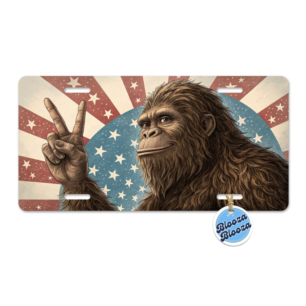 Bigfoot Giving Peace Sign Rising American Flag Metal Vanity Novelty Tag License Plate for Trucks Cars SUVs