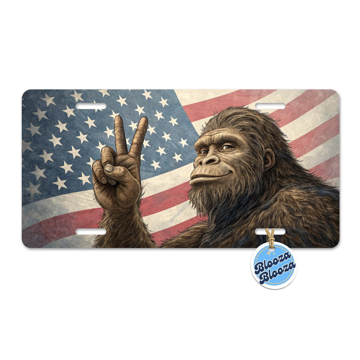 Patriotic Bigfoot Giving The Peace Sign Metal Vanity Novelty Tag License Plate for Trucks Cars SUVs