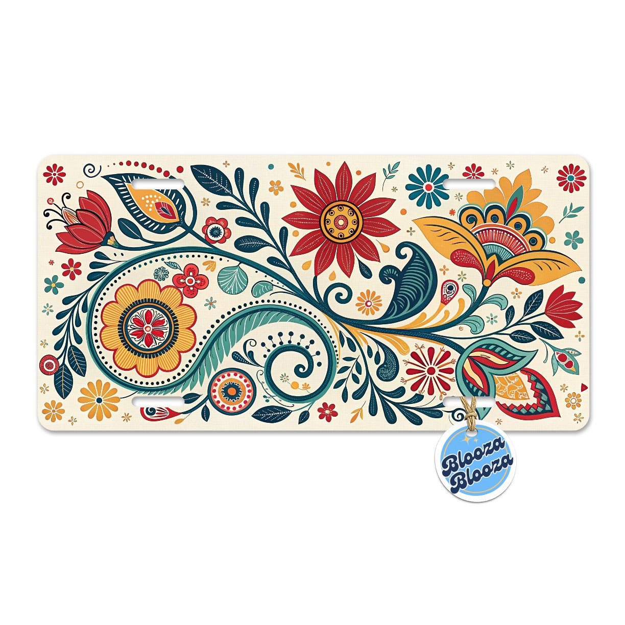Traditional Folk Art Floral Pattern Metal Vanity Novelty Tag License Plate for Trucks Cars SUVs