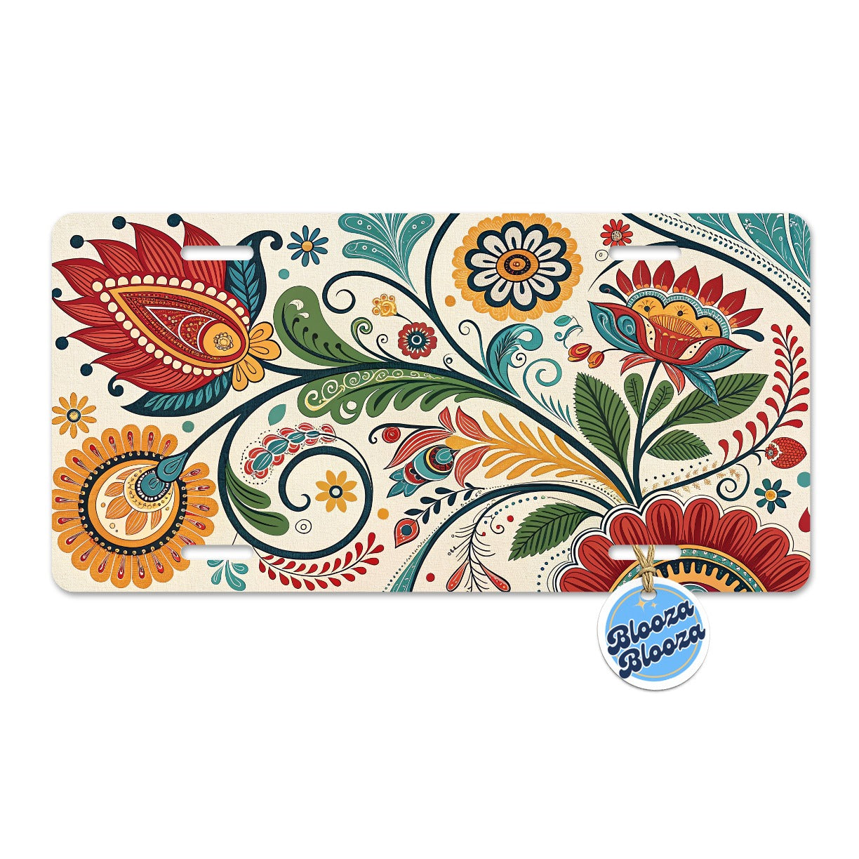 Traditional Folk Art Flowers Leaves Pattern Metal Vanity Novelty Tag License Plate for Trucks Cars SUVs