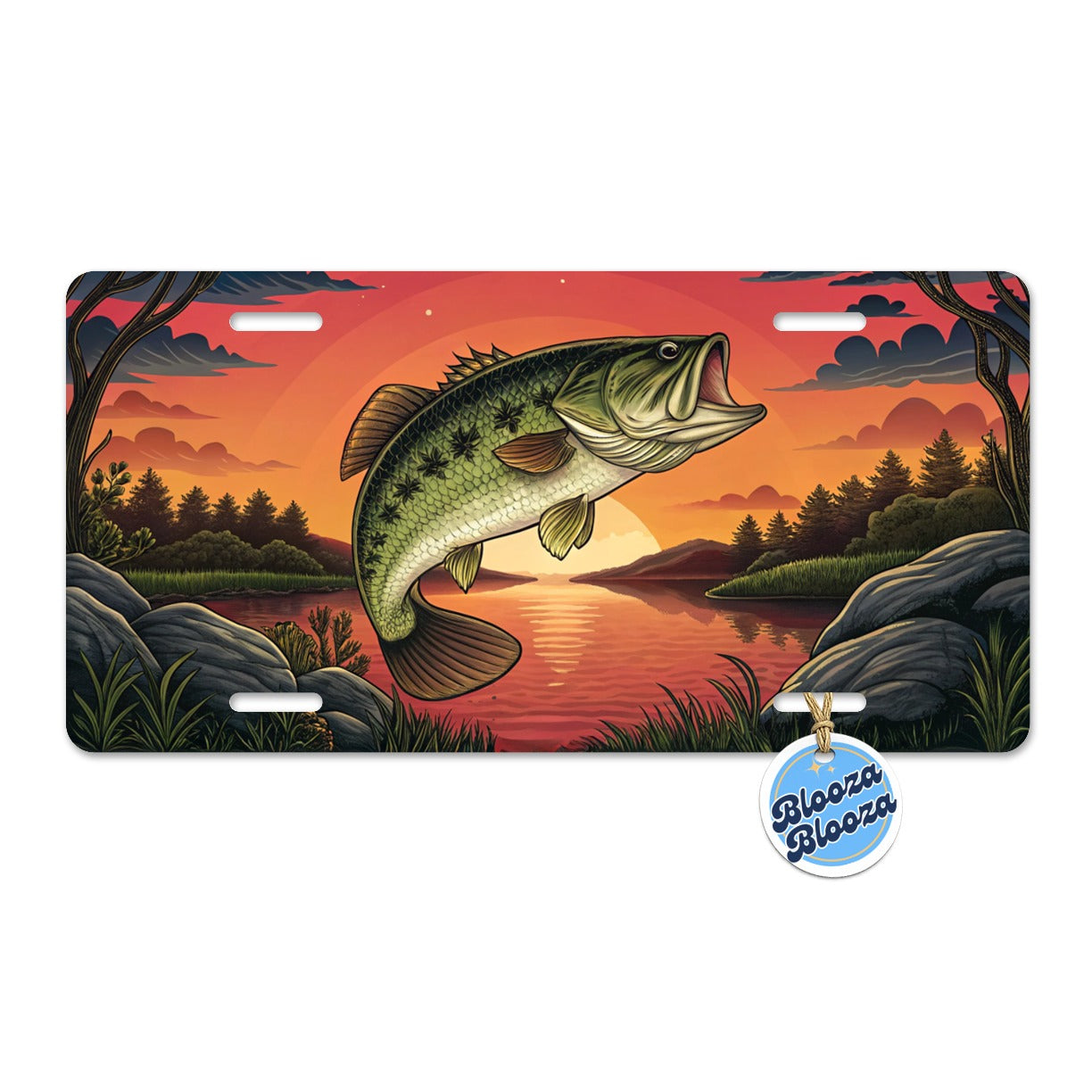 Largemouth Bass Trophy Fishing Sunset Metal Vanity Novelty Tag License Plate for Trucks Cars SUVs