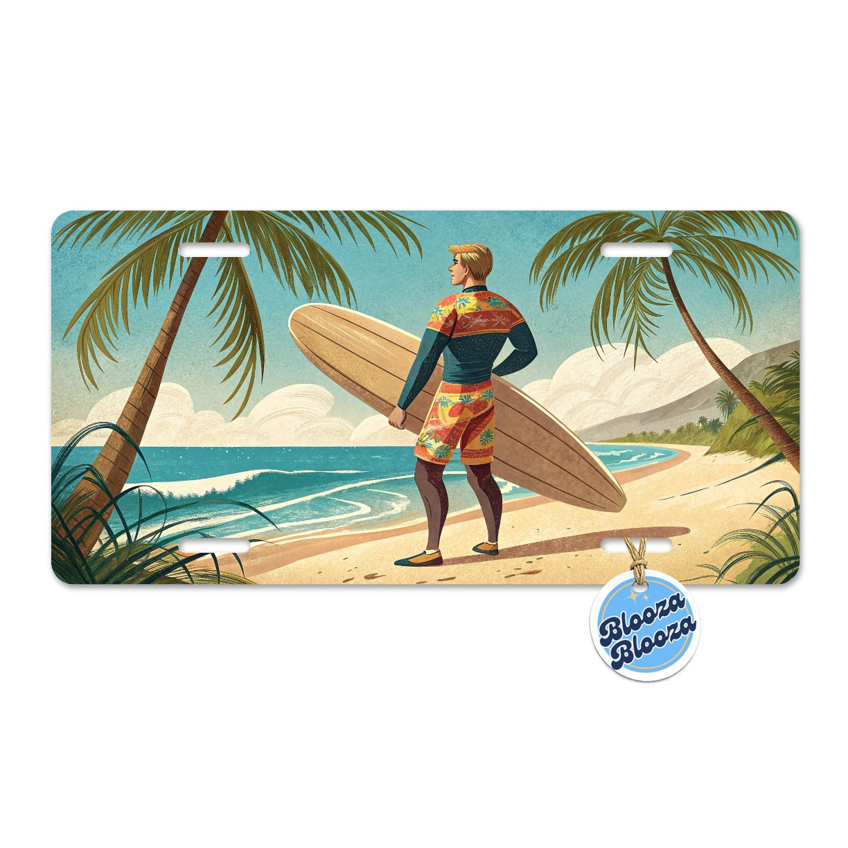 Retro Surfer Beach Scene Metal Vanity Novelty Tag License Plate for Trucks Cars SUVs