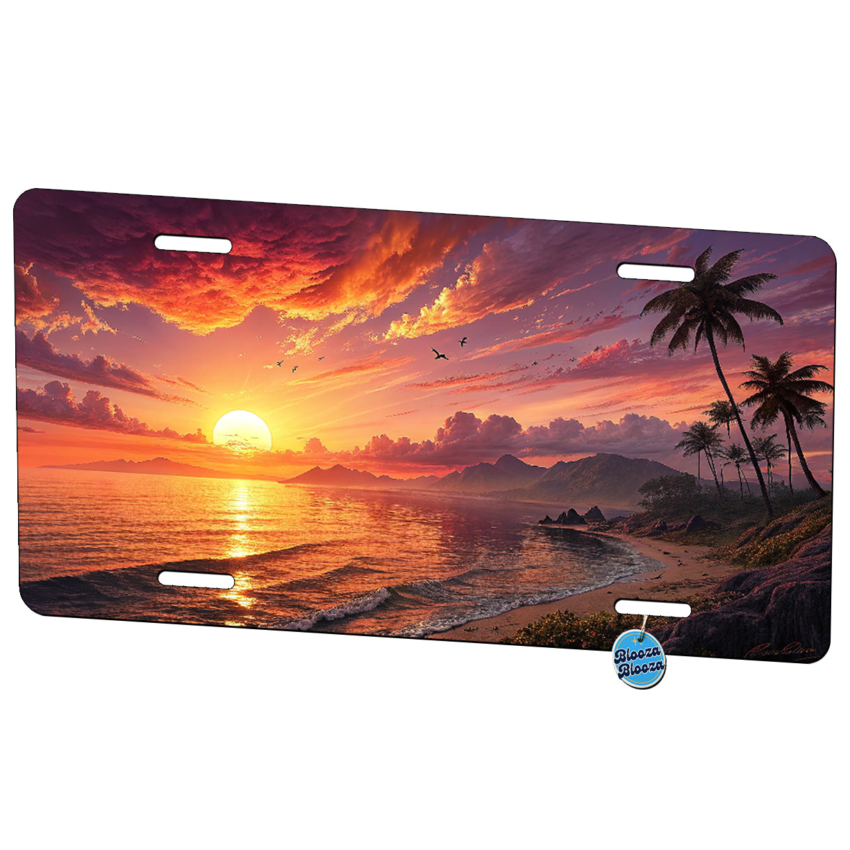 Beautiful Sunset Over Ocean Beach Tropical Palm Trees Metal Vanity Novelty Tag License Plate for Trucks Cars SUVs