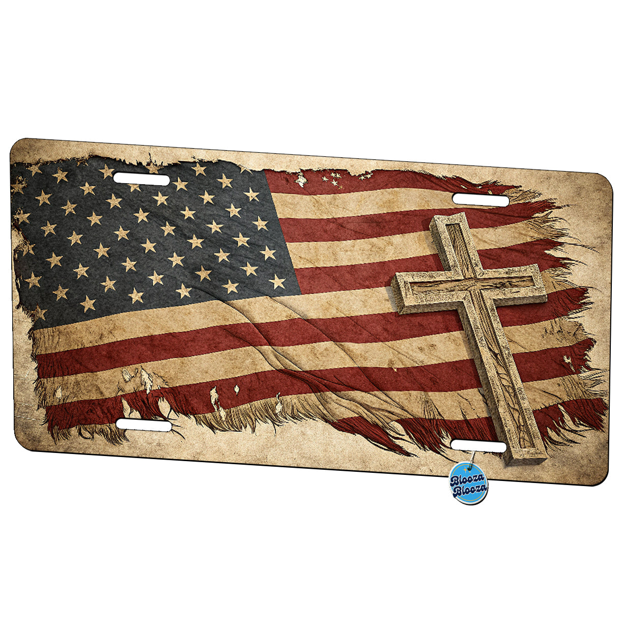 Distressed American Flag With Cross USA United States Patriotic Christian Metal Vanity Novelty Tag License Plate for Trucks Cars SUVs