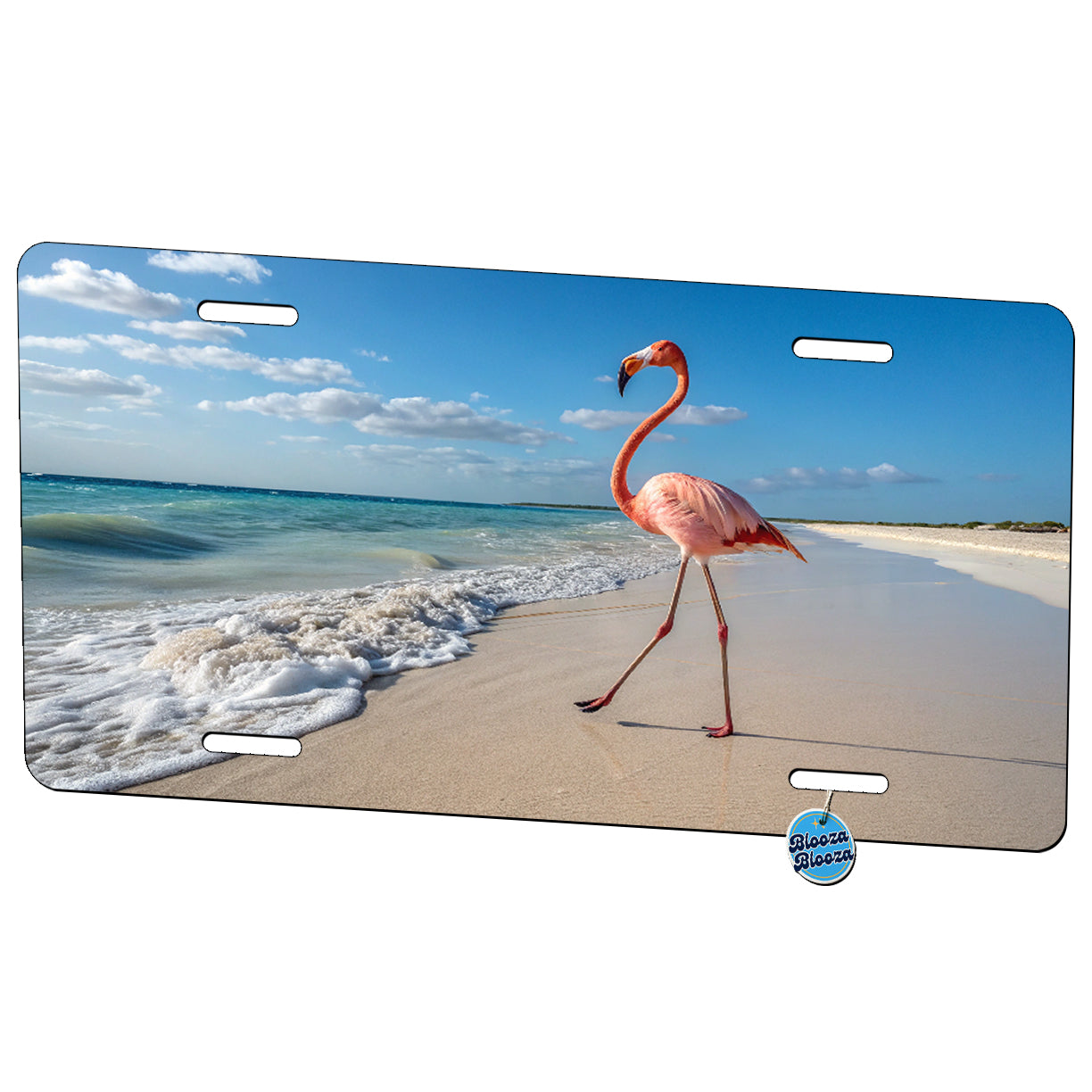 Flamingo Walking On The Beach Ocean Tropical Beautiful Metal Vanity Novelty Tag License Plate for Trucks Cars SUVs
