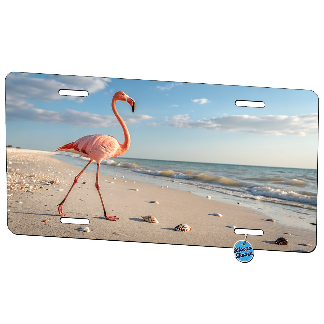 Flamingo Walking On The Beach Shells Tropical Beautiful Metal Vanity Novelty Tag License Plate for Trucks Cars SUVs