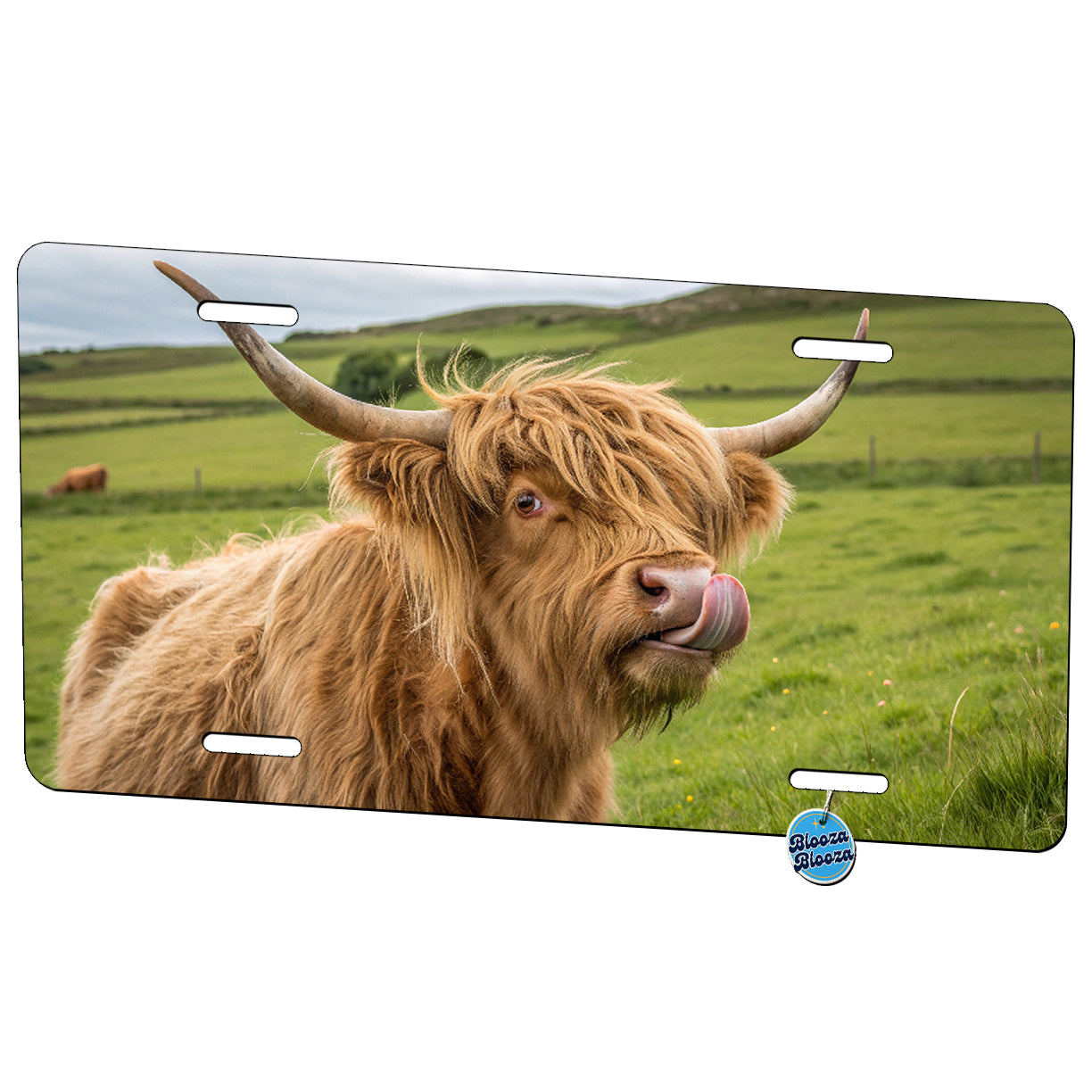 Funny Highland Cow Licking Lips Metal Vanity Novelty Tag License Plate for Trucks Cars SUVs