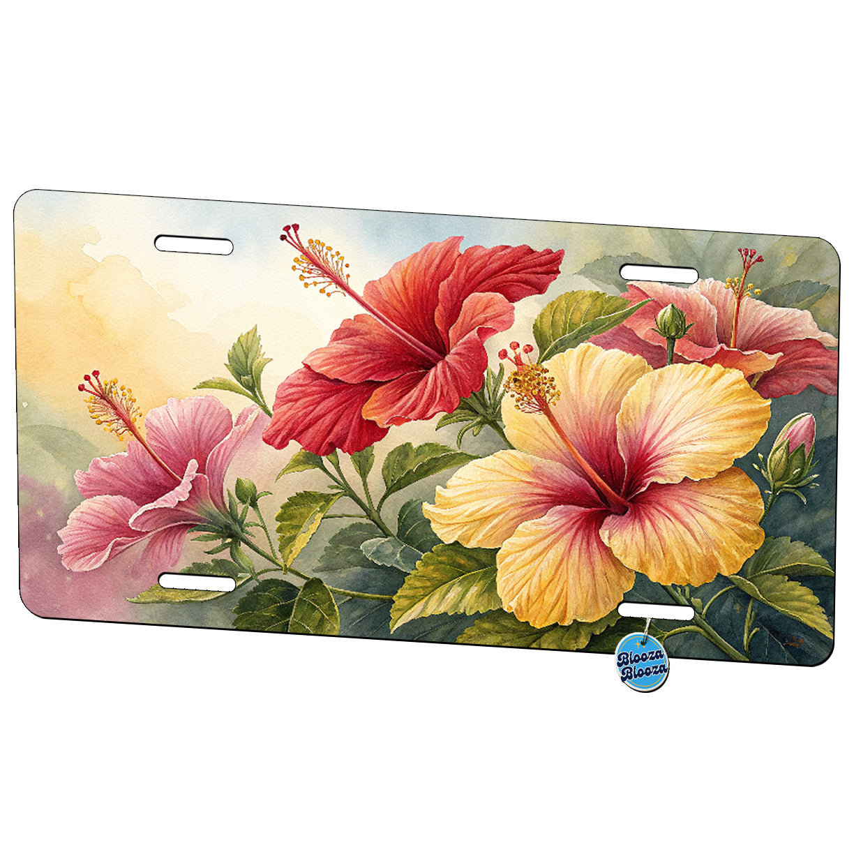 Hibiscus Flowers Pink Red Yellow Tropical Metal Vanity Novelty Tag License Plate for Trucks Cars SUVs