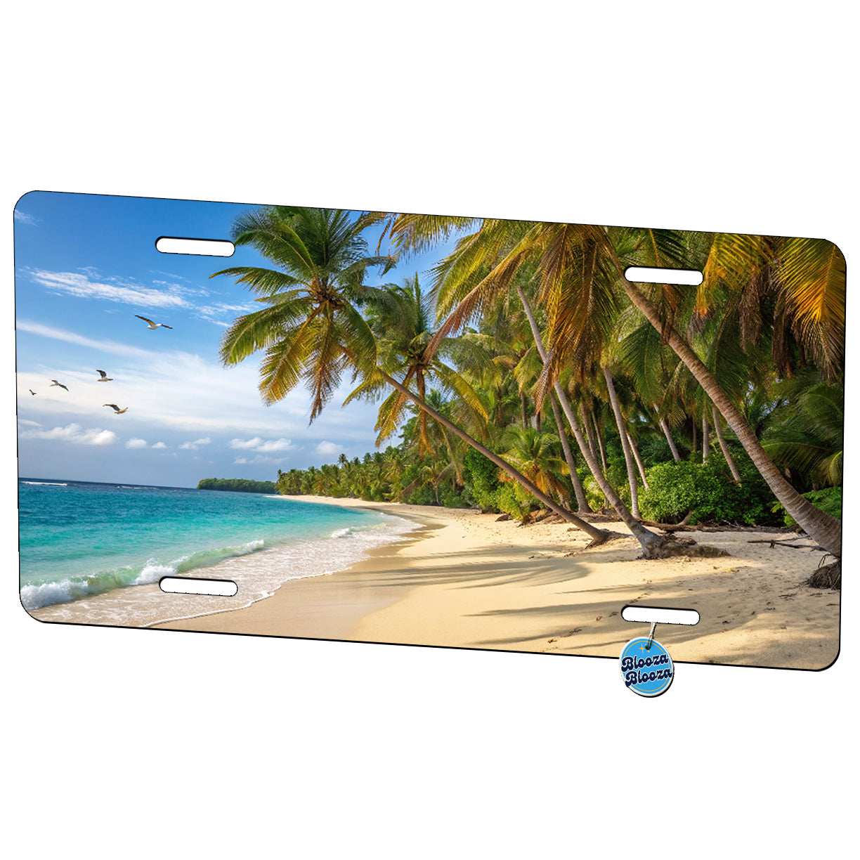 Lush Tropical Beach With Palm Trees Ocean Metal Vanity Novelty Tag License Plate for Trucks Cars SUVs