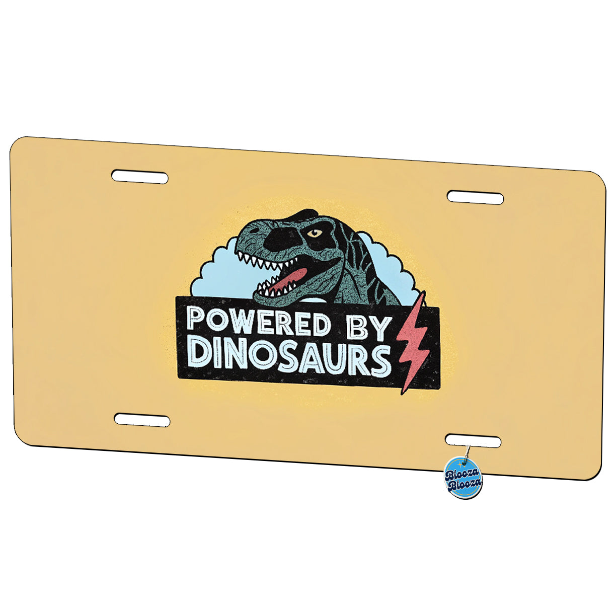 Powered By Dinosaurs Yellow Background Metal Vanity Novelty Tag License Plate for Trucks Cars SUVs