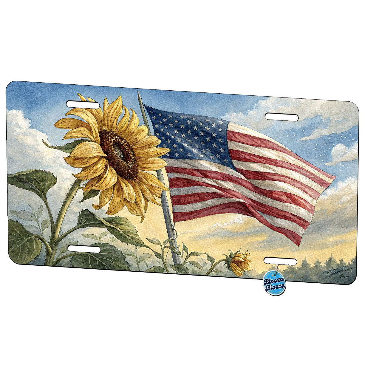 Sunflower American Flag Waving Patriotic USA United States Metal Vanity Novelty Tag License Plate for Trucks Cars SUVs