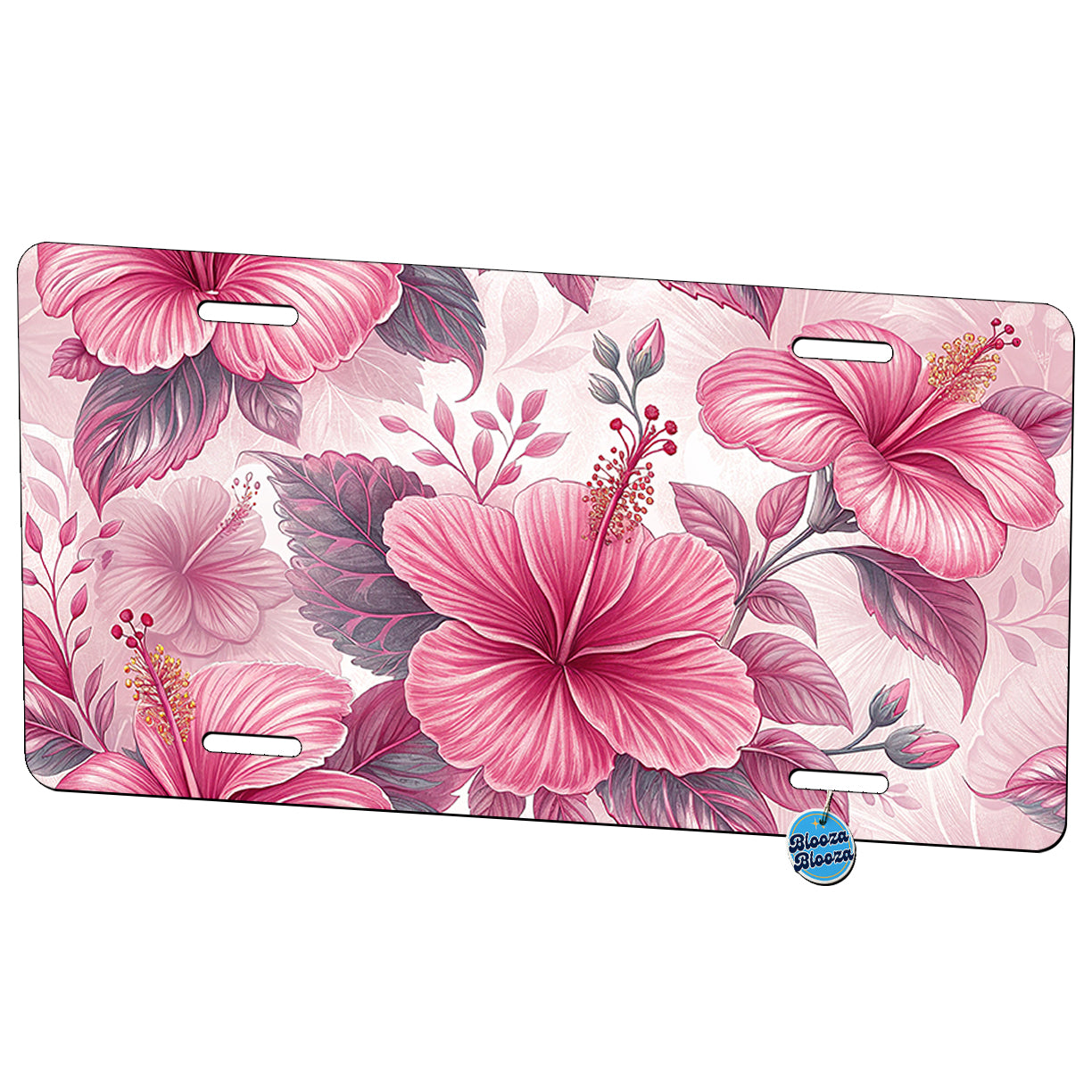 Pink Hibiscus Flowers Pattern Drawing Metal Vanity Novelty Tag License Plate for Trucks Cars SUVs
