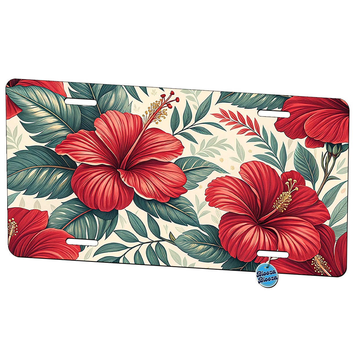 Red Hibiscus Flowers Floral Tropical Pattern Metal Vanity Novelty Tag License Plate for Trucks Cars SUVs