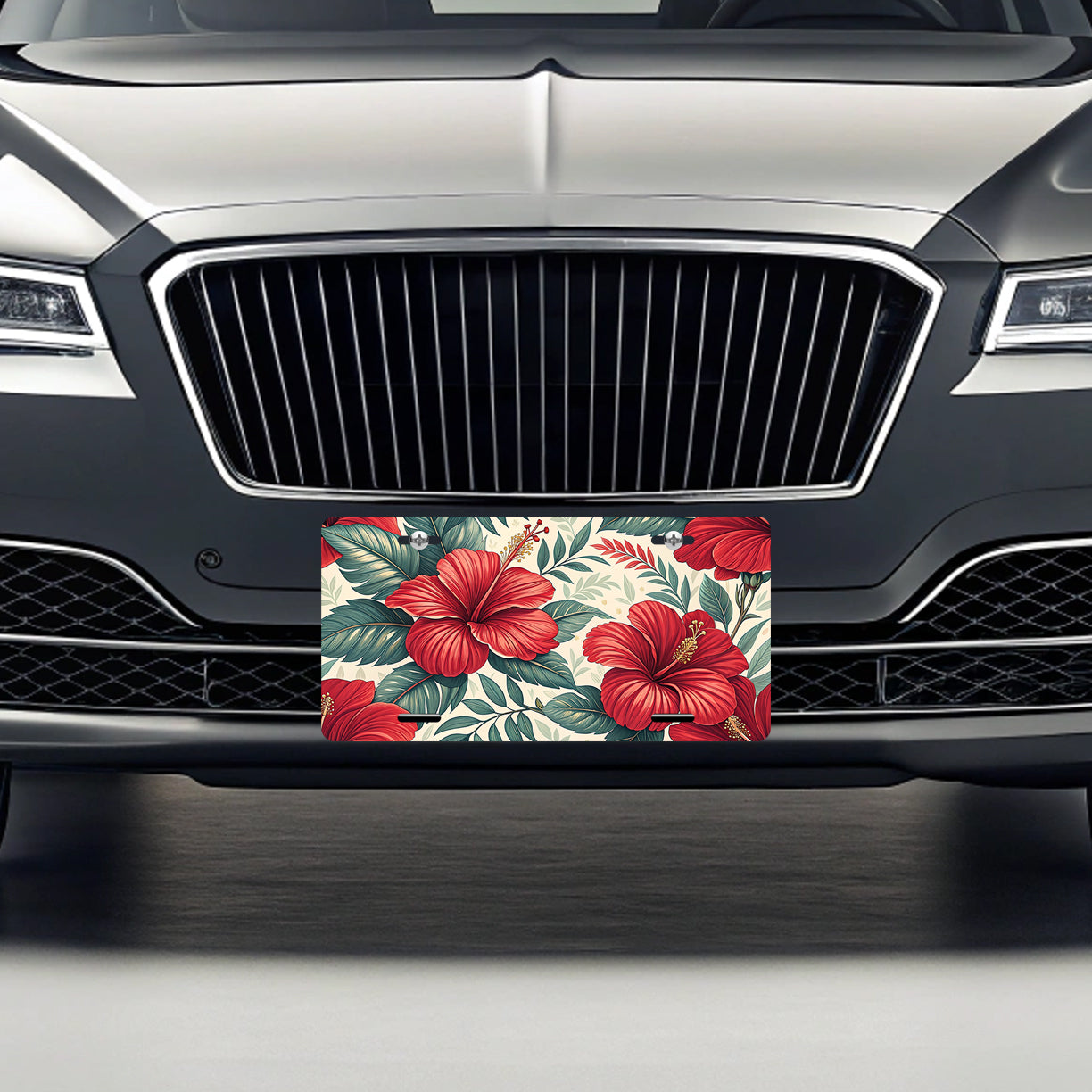 Red Hibiscus Flowers Floral Tropical Pattern Metal Vanity Novelty Tag License Plate for Trucks Cars SUVs