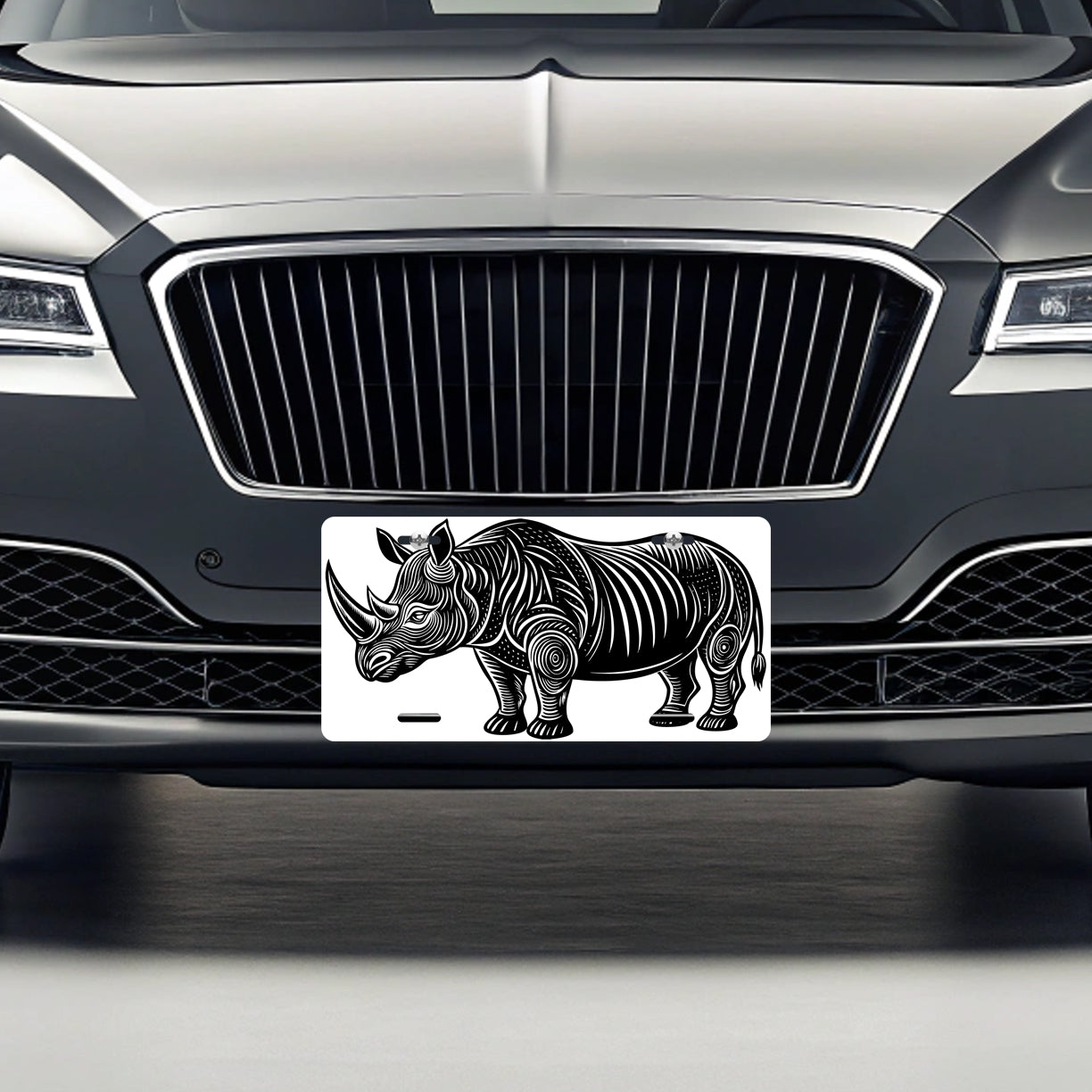 Rhinoceros Black White Metal Vanity Novelty Tag License Plate for Trucks Cars SUVs