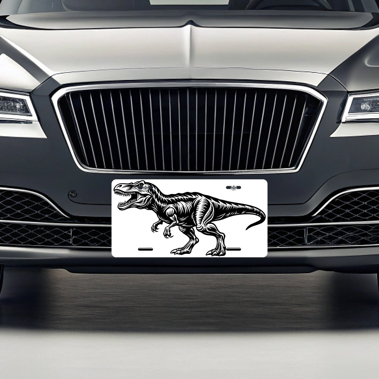 T-Rex Tyrannosaurus Dinosaur Black White Metal Vanity Novelty Tag License Plate for Trucks Cars SUVs