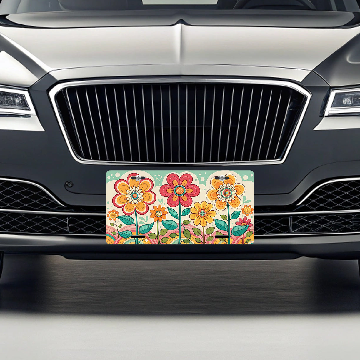 Vintage Groovy Flowers Drawing Metal Vanity Novelty Tag License Plate for Trucks Cars SUVs