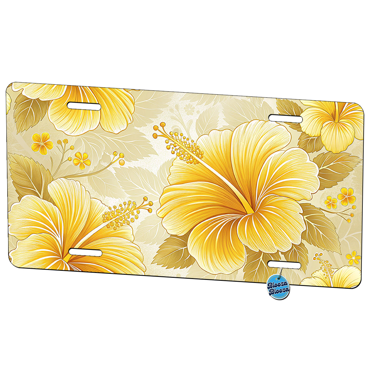 Yellow Hibiscus Flowers Pattern Drawing Tropical Floral Metal Vanity Novelty Tag License Plate for Trucks Cars SUVs