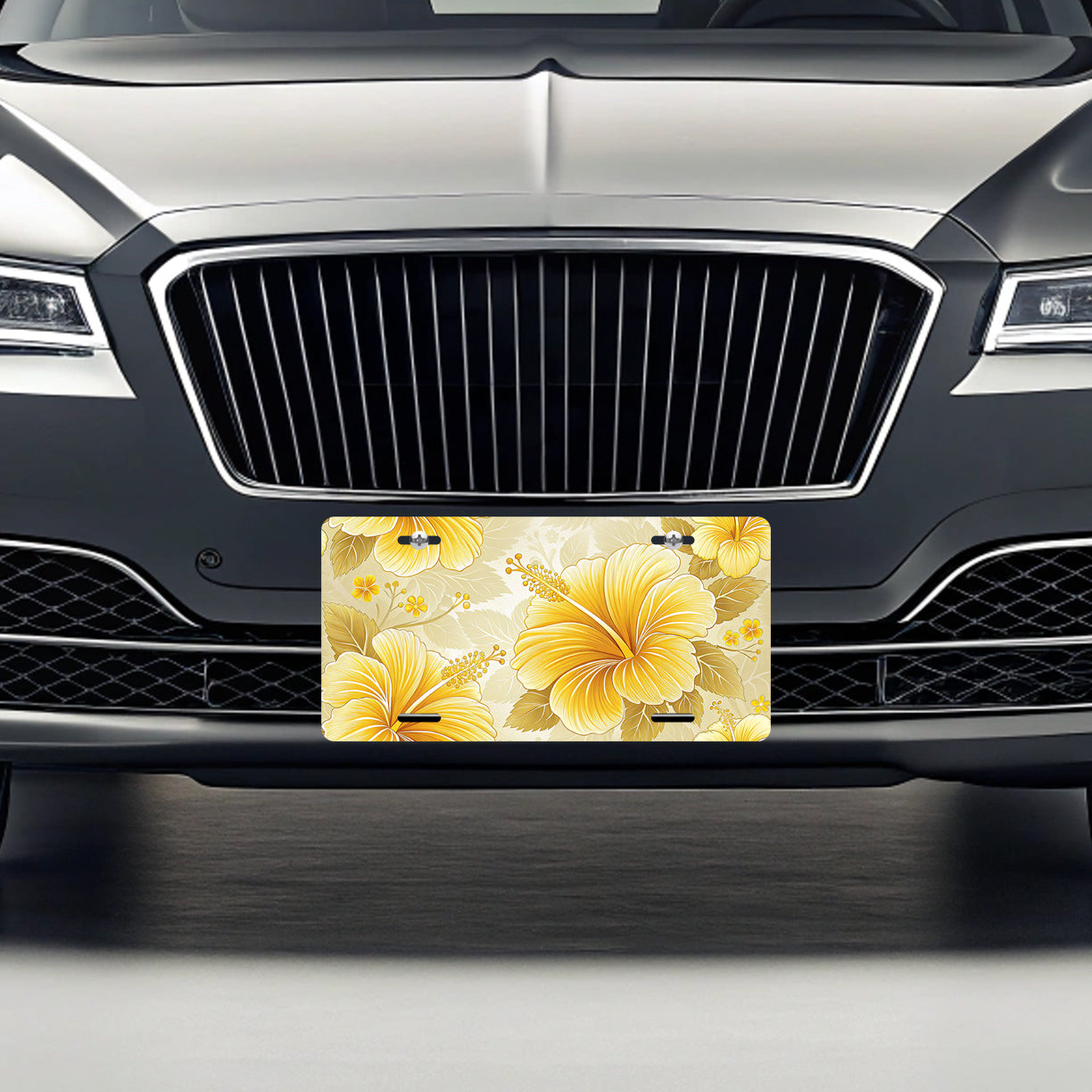 Yellow Hibiscus Flowers Pattern Drawing Tropical Floral Metal Vanity Novelty Tag License Plate for Trucks Cars SUVs