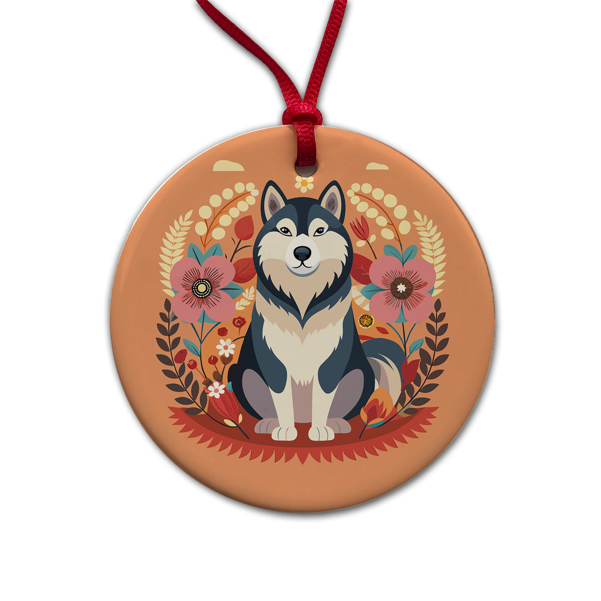 Alaskan Malamute Dog Floral Flowers Round Ceramic Holiday Christmas Tree Ornament