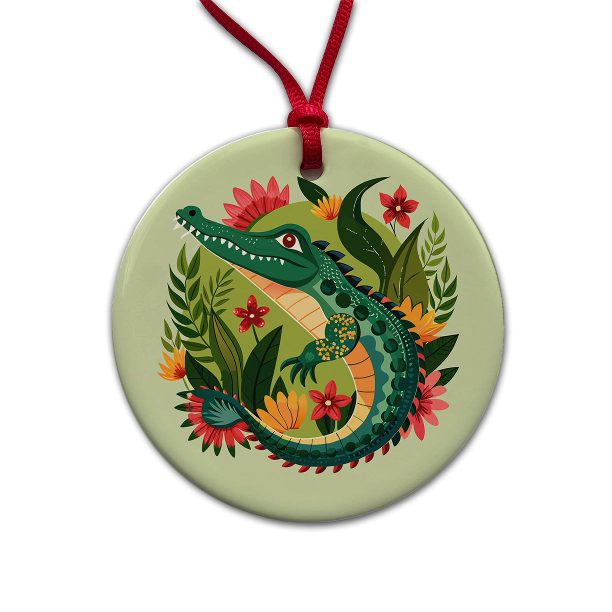 Alligator Floral Flowers Round Ceramic Holiday Christmas Tree Ornament